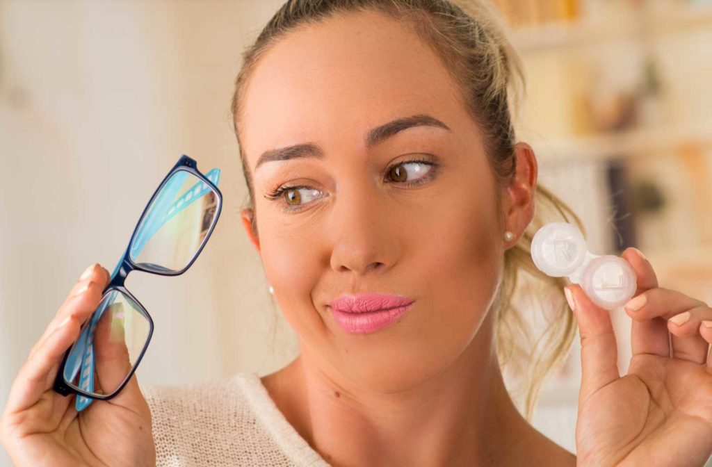 Woman with glasses and contacts for myopia