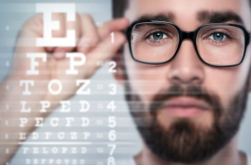 A man holding the edge of his glasses looking at a Snellen eye chart.