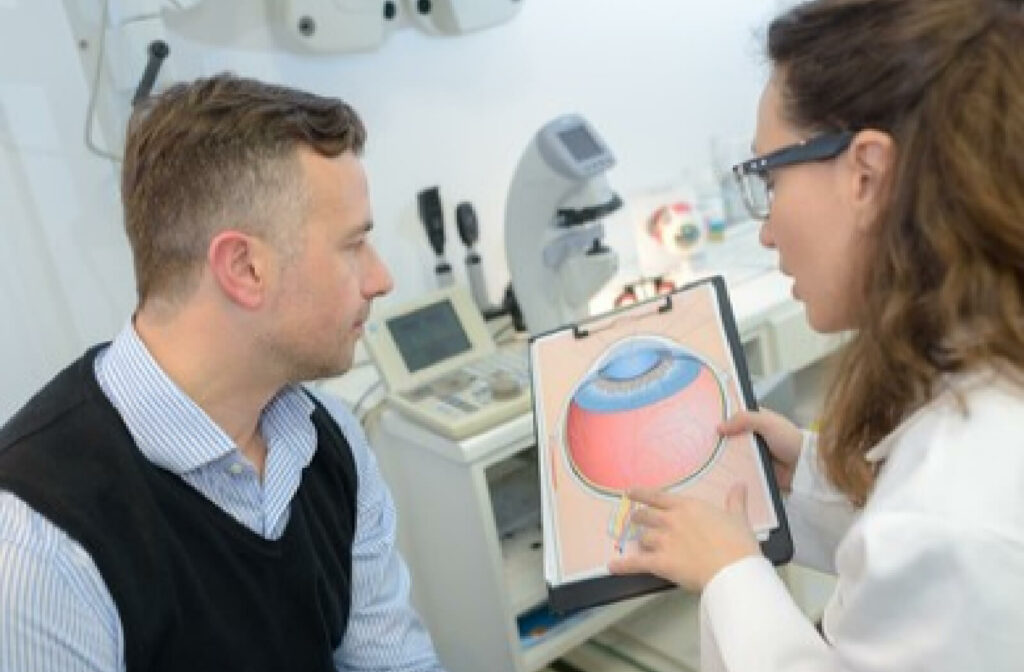 A man with glaucoma is consulting an ophthalmologist for examination. The optician is showing her patient how glaucoma affects eyesight.